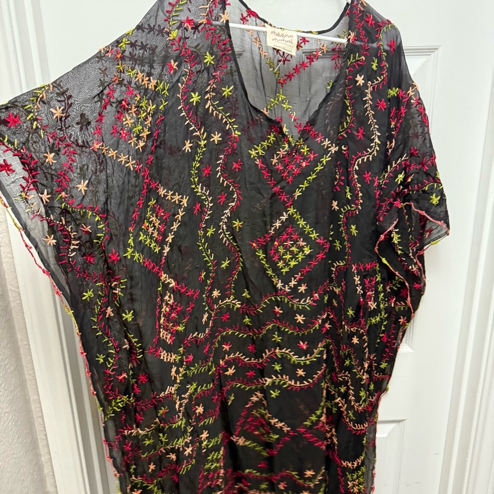Sheer Black Embroidered Kimono Cover-Up with Pink & Green Accents